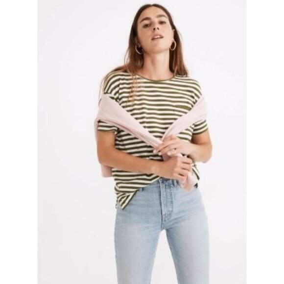 Madewell Softfade Women's Tee Shirt Oversized Pocket Cahita Stripe Green XXS - Picture 1 of 10